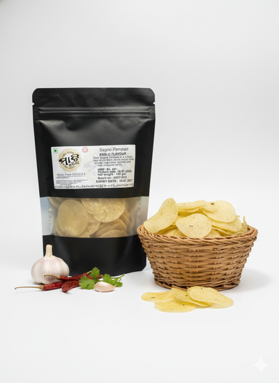 Discover the crispy delight of Garlic Flavour Sagoo Pampad – a perfect snack that awakens your taste buds with every bite. Made from premium sago, this light yet crunchy treat is infused with the rich, aromatic essence of garlic, creating a symphony of flavor that’s both irresistible and satisfying.