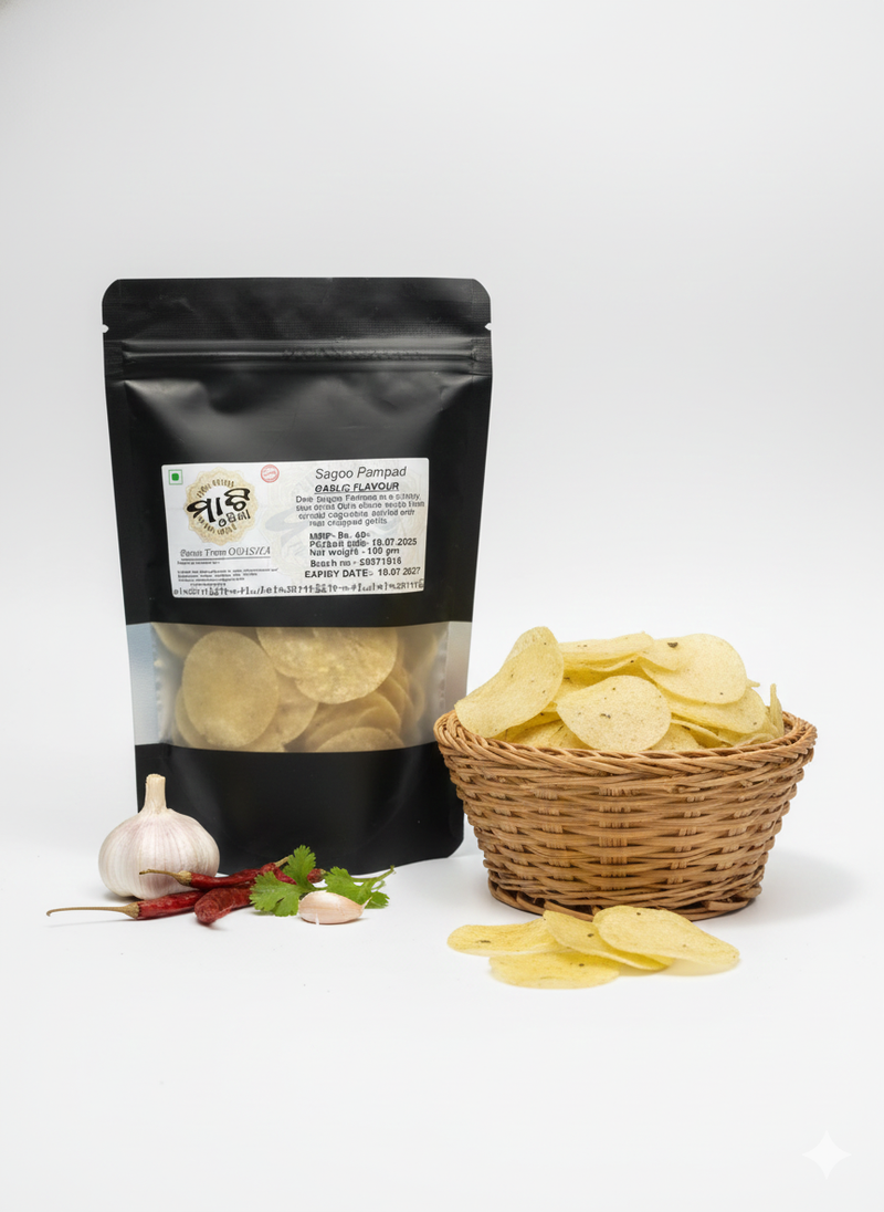 Discover the crispy delight of Garlic Flavour Sagoo Pampad – a perfect snack that awakens your taste buds with every bite. Made from premium sago, this light yet crunchy treat is infused with the rich, aromatic essence of garlic, creating a symphony of flavor that’s both irresistible and satisfying.