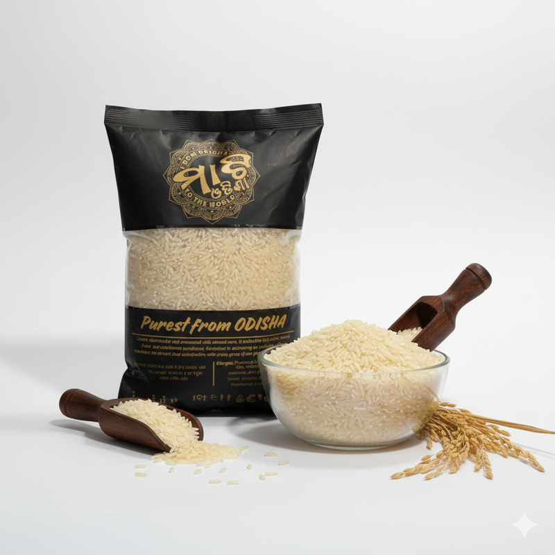 Shyamali arua rice ( midsized , slim and mild yellow mixed with white ) . Mined Arua Rice (Khani Paka Arua Chaula) is a traditionally aged rice matured for six months deep within red-soil mines, stored up to six feet below ground and protected using an ancient mud-sealing process.