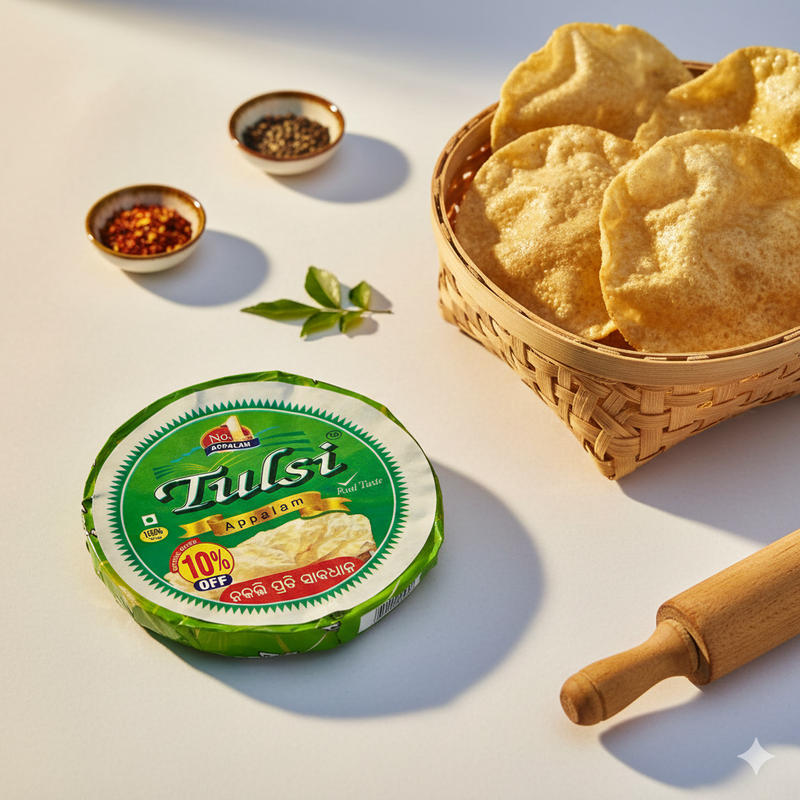 this Tulsi Appalam (Papad) adds the perfect crunch to every meal. Crafted from premium orid flour, rice flour, papad khar, salt, and a hint of asafoetida, it delivers a balanced, savory flavor with every bite. Lightly fried for just a few seconds, it turns golden and crisp while staying airy and easy to digest.