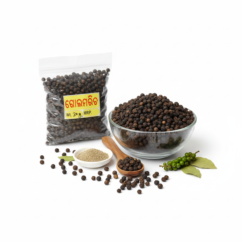 disha’s&nbsp;Golmaricha (Black Pepper)&nbsp;is a premium spice known for its bold aroma, pungent flavor, and natural freshness. Carefully sourced from local farms and sun-dried under hygienic conditions, these peppercorns retain their authentic taste and essential oils.