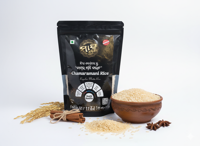 Chamara Mani Keonjhar Red Ussuna Rice is a treasure from the heart of Odisha’s fertile lands. Grown traditionally in the Keonjhar district, this vibrant red rice carries the wisdom of generations of farmers. Its natural red hue comes from anthocyanins, powerful antioxidants that support a healthy lifestyle. Lightly parboiled using age-old methods, the rice retains its earthy aroma, nutty flavor, and wholesome nutrition. Perfect for everyday meals and festive Odia dishes, this rice is more than food—it is a 